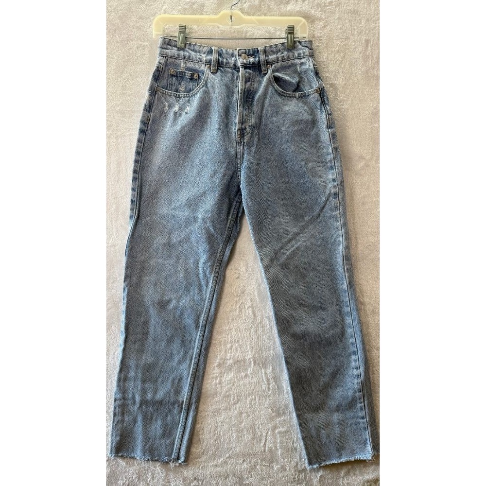 MESHKI Womens Sz S High Rise Straight Leg Jeans Light Wash Raw Hem 100% Cotton